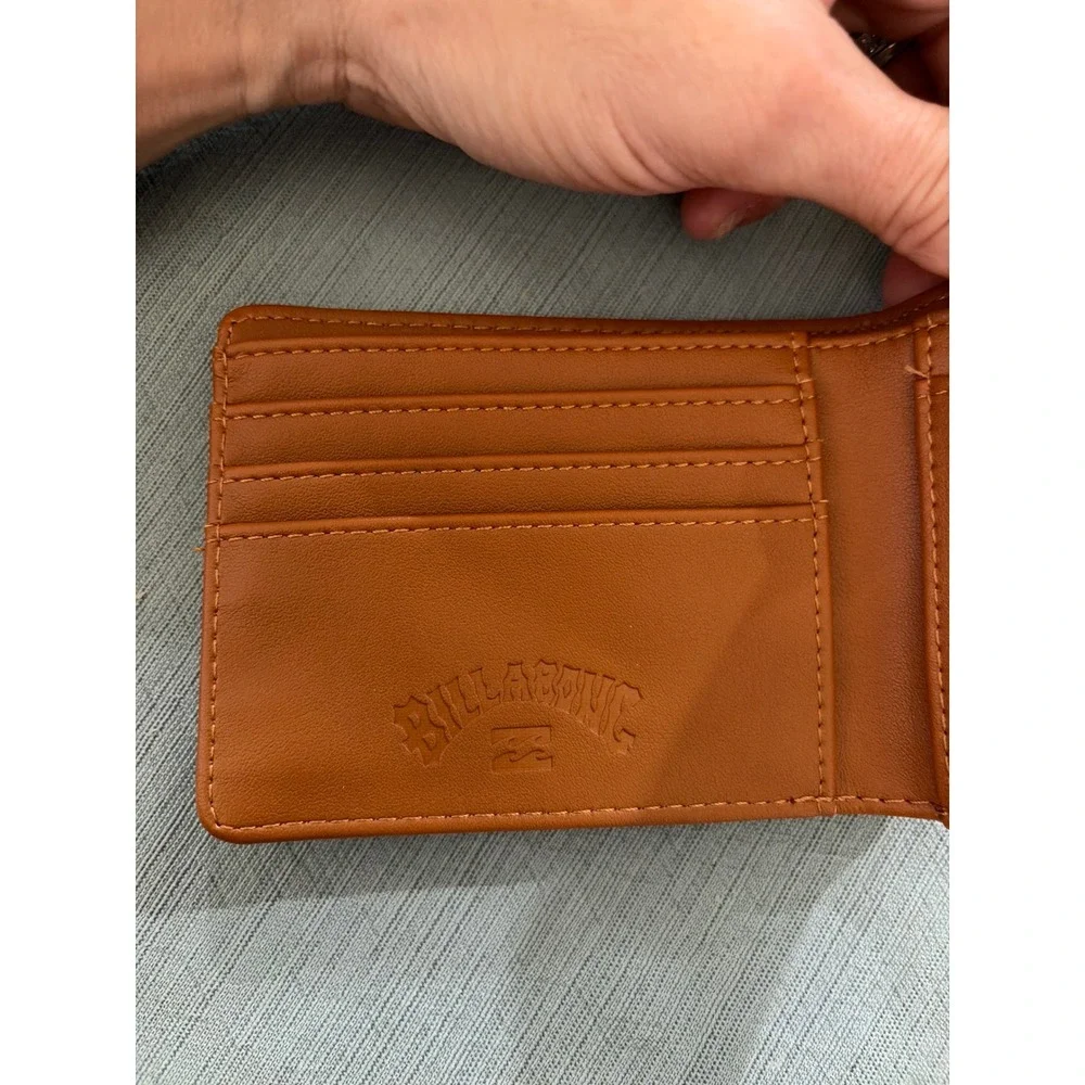 Billabong Mens Bifold Wallet Tan Faux Leather ID Window Card Slots Surf Style
